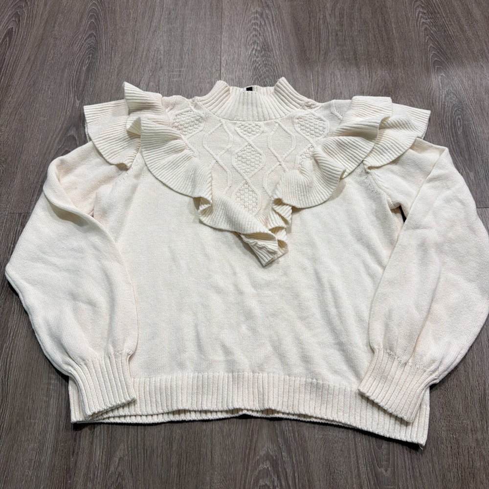 Eloquii Elements Sweater 14/16 Balloon Sleeve Ruffle Yoke Mixed Stitch Cream